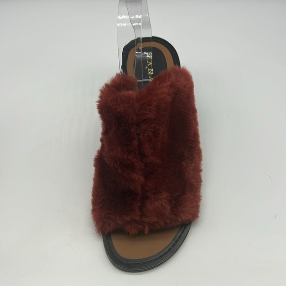 Zara - Brick Red Faux Fur  Slip On Open Toe Wide Block Mule Heels Size 39 - Picture 10 of 14